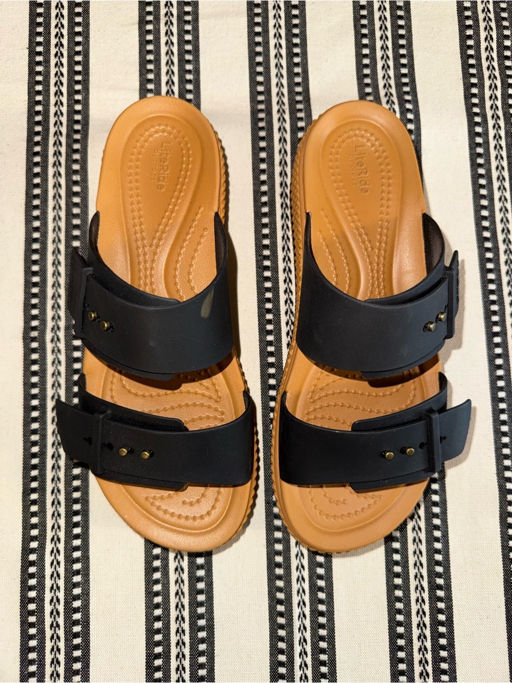 CROCS Double - Strap Black and Tan Platform Sandals, Size 7 - Picture 7 of 15